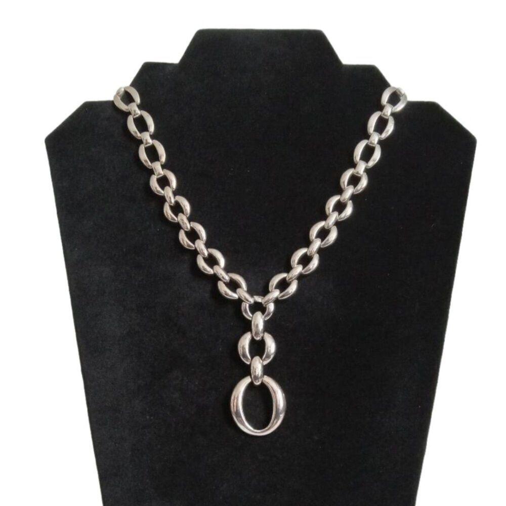 Silver Toned Heavyweight Oval Metal Links Lariat Y Drop Style Statement Necklace